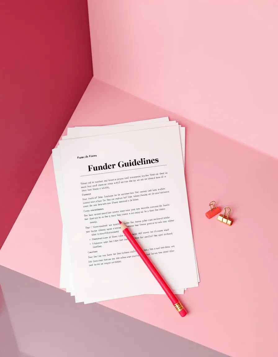 Printed funder guidelines marked up with a highlighter on a blush desk