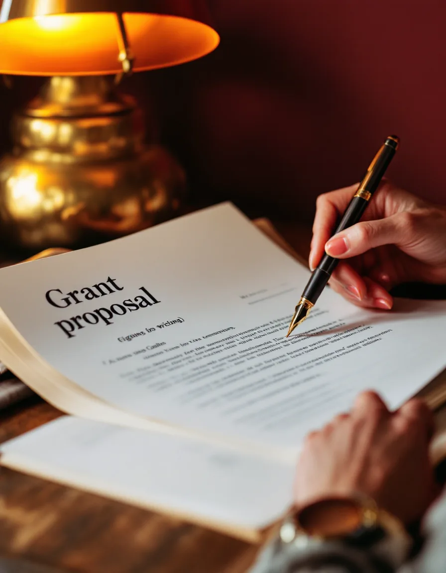 Hands editing a printed proposal with a fountain pen under a gold lamp